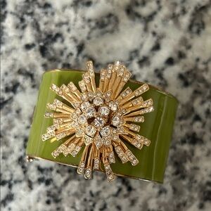 Green Enamel Cuff Bracelet with Gold Crystal Burst